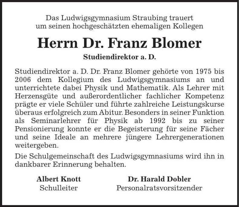 Traueranzeige Franz Blomer Dr.