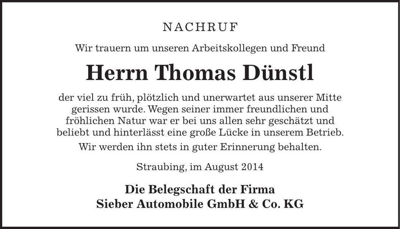 Traueranzeige Thomas Dünstl