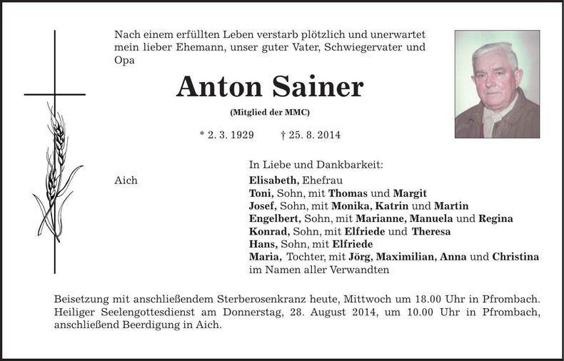 Traueranzeige Anton Sainer