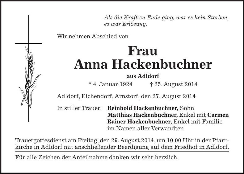 Traueranzeige Anna Hackenbuchner