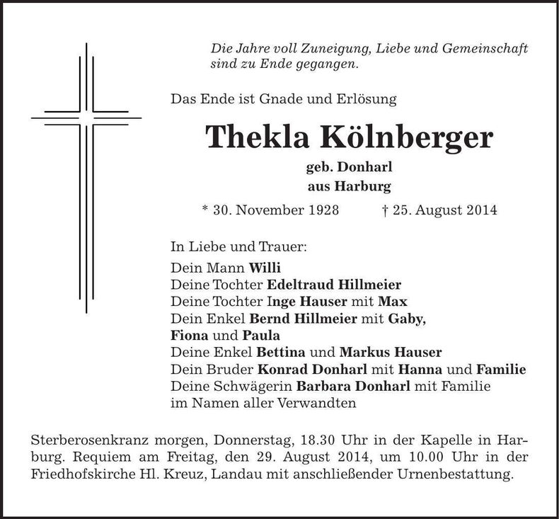 Traueranzeige Thekla Kölnberger