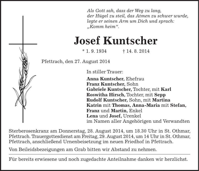 Traueranzeige Josef Kuntscher
