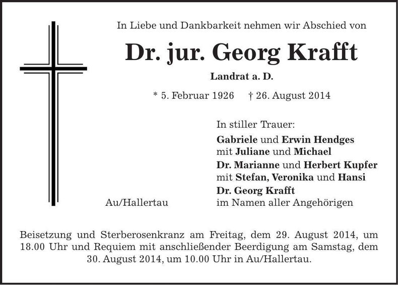Traueranzeige Dr. jur. Georg Krafft