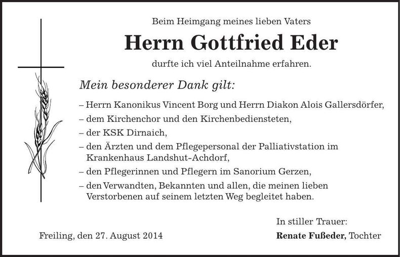Traueranzeige Gottfried Eder
