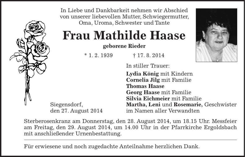 Traueranzeige Mathilde Haase