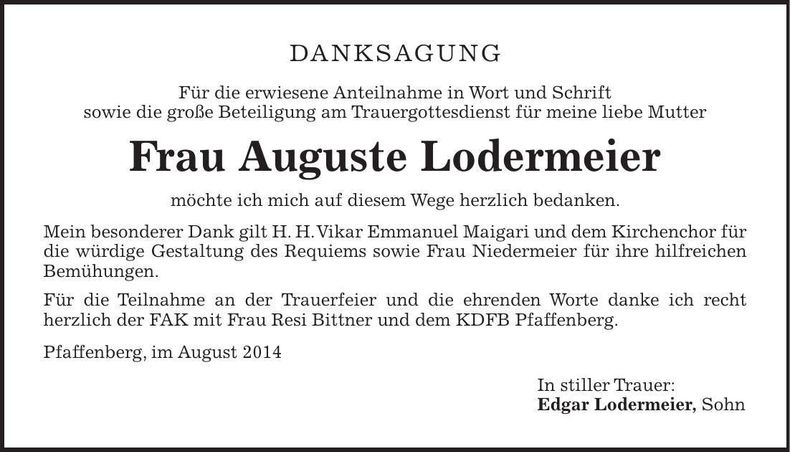 Traueranzeige Auguste Lodermeier