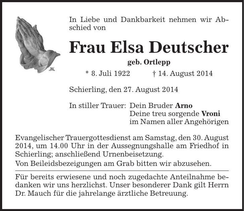 Traueranzeige Elsa Deutscher