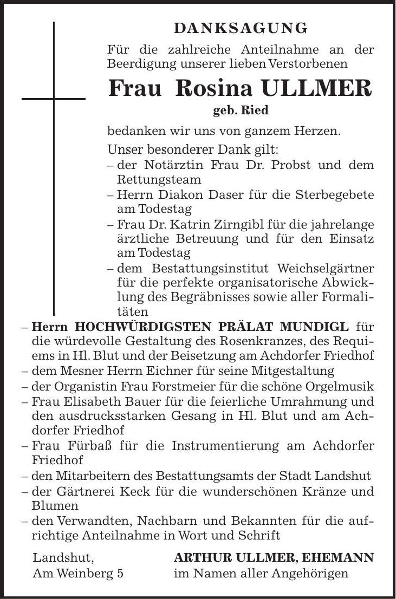 Traueranzeige Rosina Ullmer