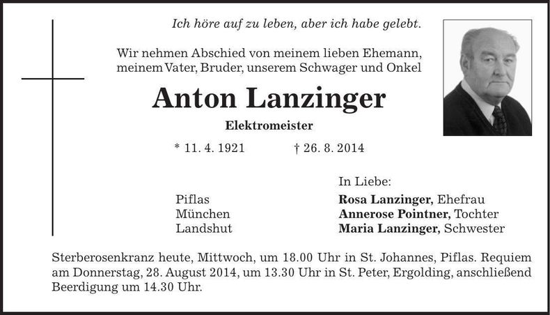 Traueranzeige Anton Lanzinger