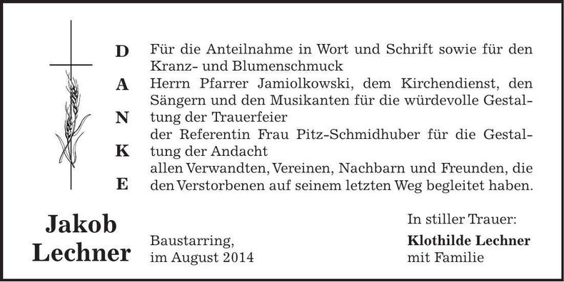 Traueranzeige Jakob Lechner