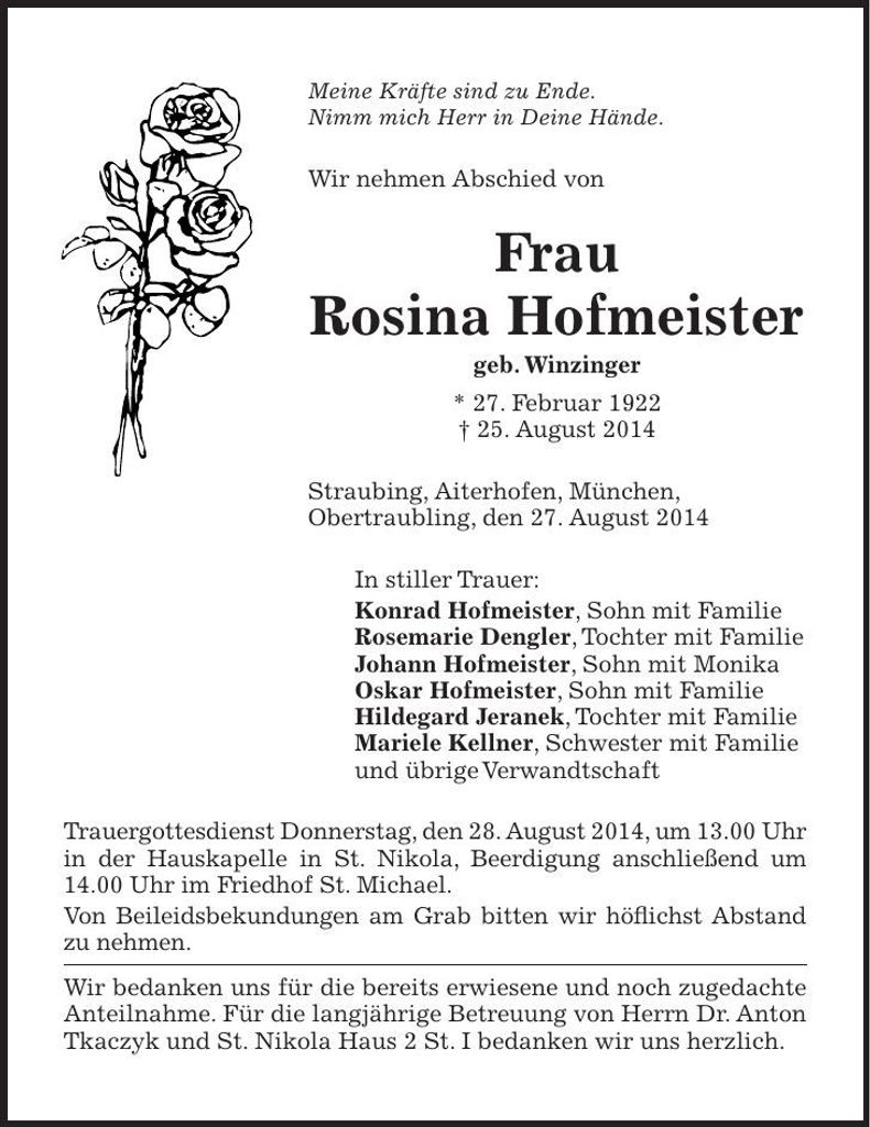 Traueranzeige Rosina Hofmeister