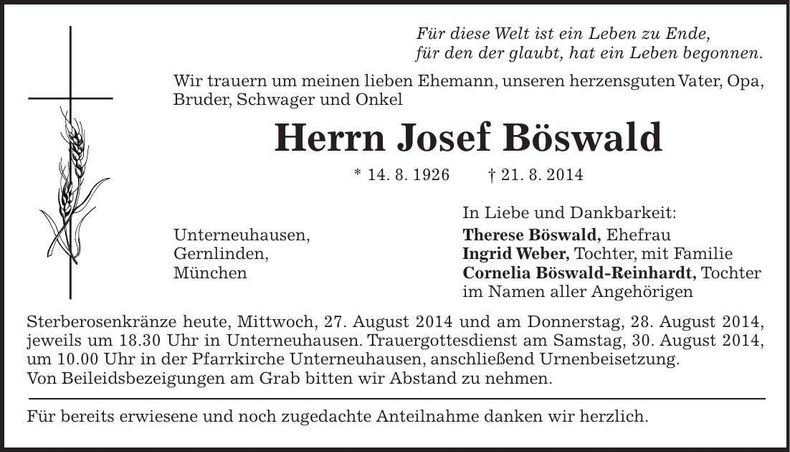 Traueranzeige Josef Böswald