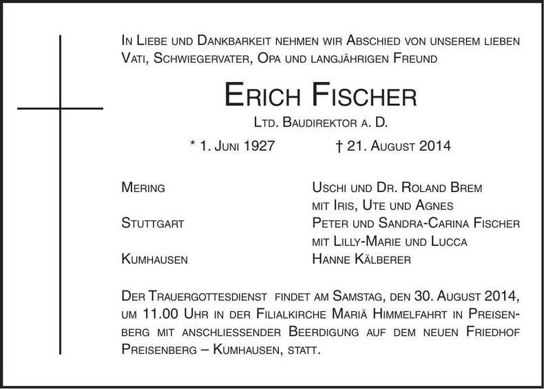 Traueranzeige Erich Fischer