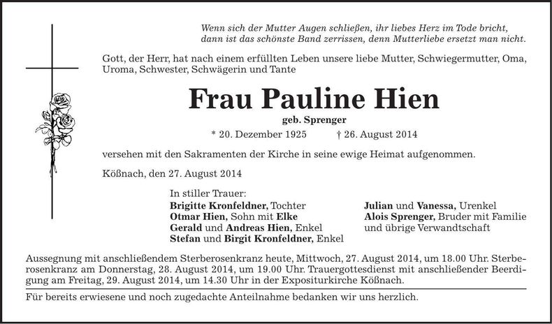Traueranzeige Pauline Hien