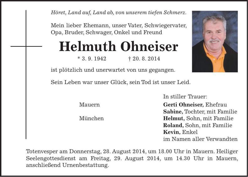 Traueranzeige Helmuth Ohneiser