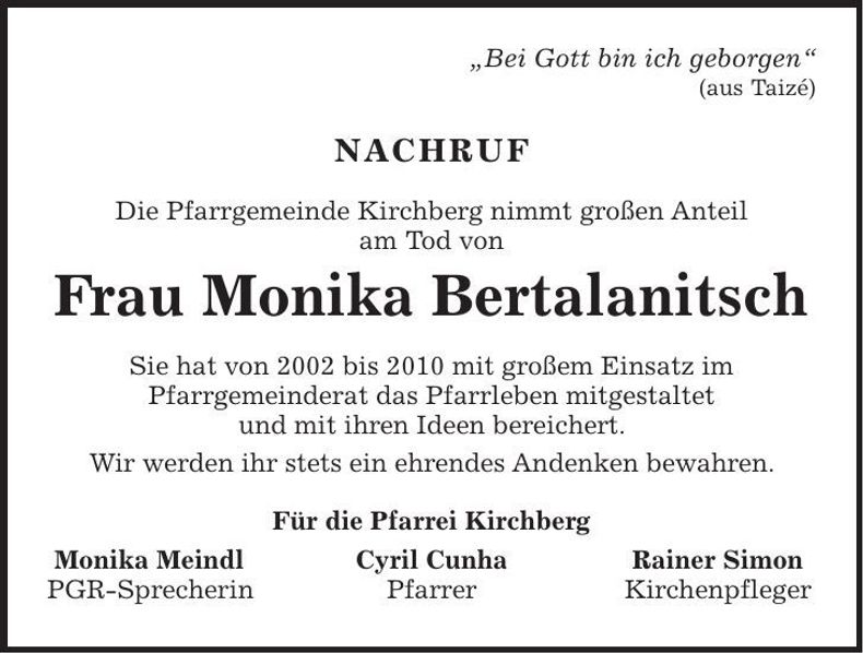 Traueranzeige Monika Bertalanitsch