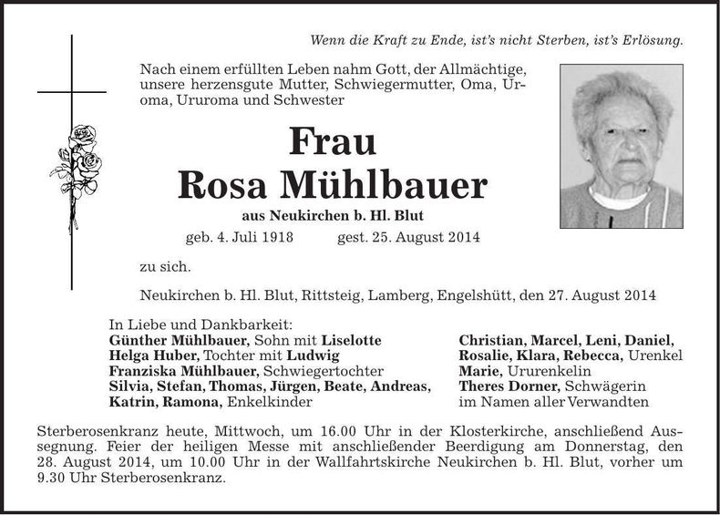Traueranzeige Rosa Mühlbauer