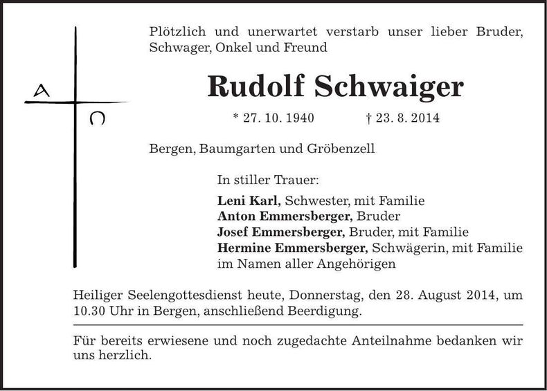 Traueranzeige Rudolf Schwaiger