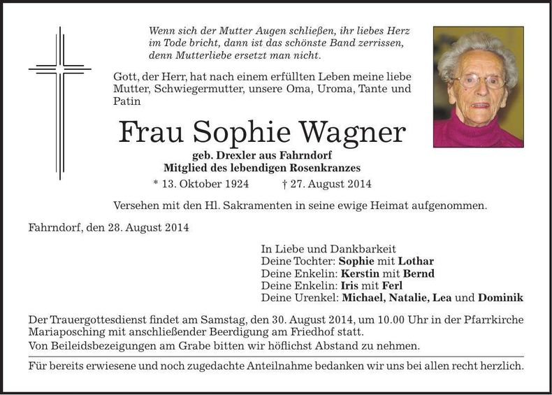 Traueranzeige Sophie Wagner