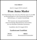 Traueranzeige Anna Mader