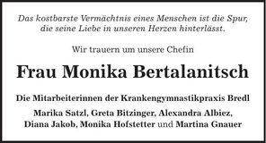 Traueranzeige Monika Bertalanitsch