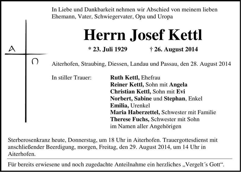 Traueranzeige Josef Kettl