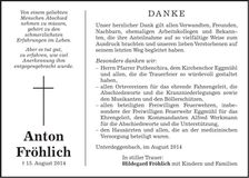 Traueranzeige Alois Fröhlich