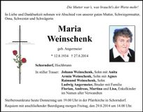 Traueranzeige Maria Weinschenk