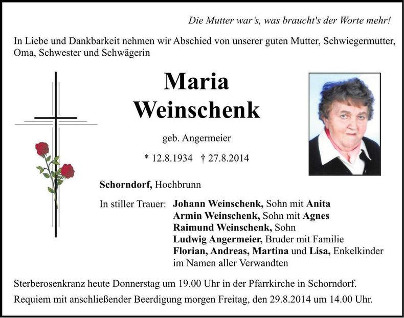 Traueranzeige Maria Weinschenk