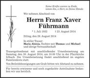 Traueranzeige Franz Xaver Führmann