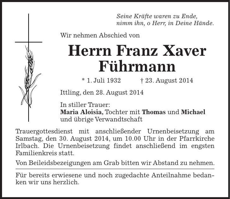 Traueranzeige Franz Xaver Führmann