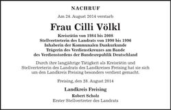 Traueranzeige Cilli Völkl