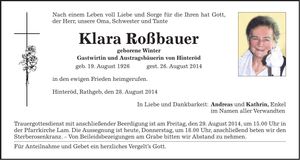 Traueranzeige Klara Roßßbauer