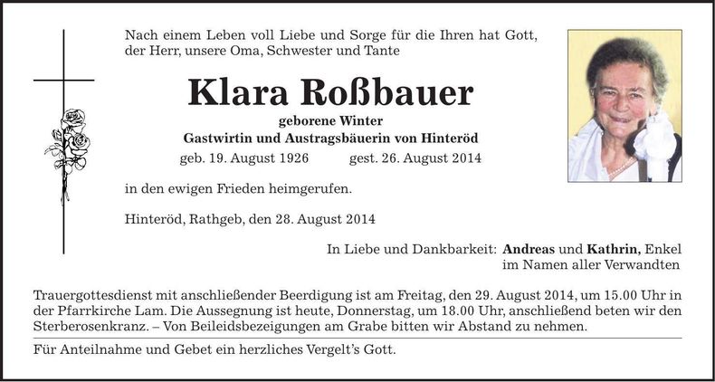 Traueranzeige Klara Roßßbauer