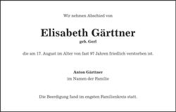 Traueranzeige Elisabeth Gärttner