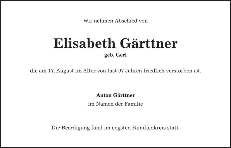 Traueranzeige Elisabeth Gärttner