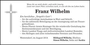 Traueranzeige Franz Wilhelm