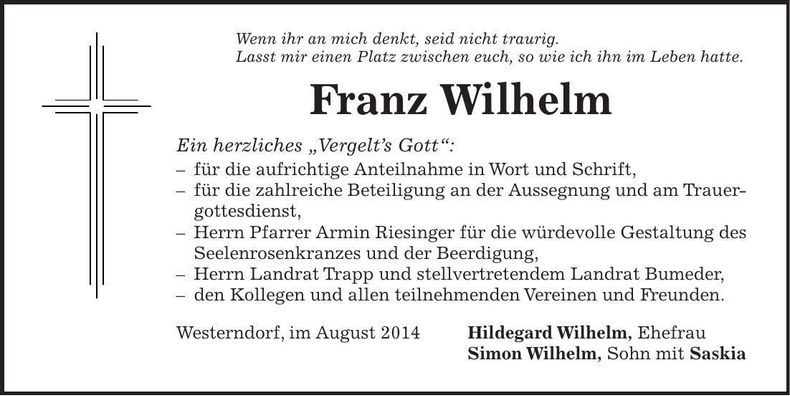 Traueranzeige Franz Wilhelm