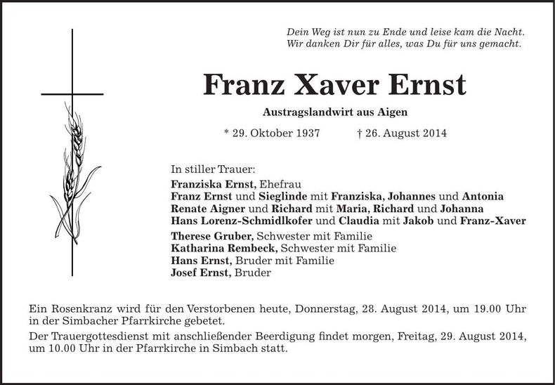 Traueranzeige Franz Xaver Ernst