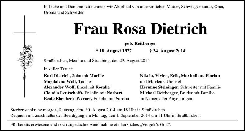 Traueranzeige Rosa Dietrich