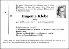 Traueranzeige Eugenie Klebe