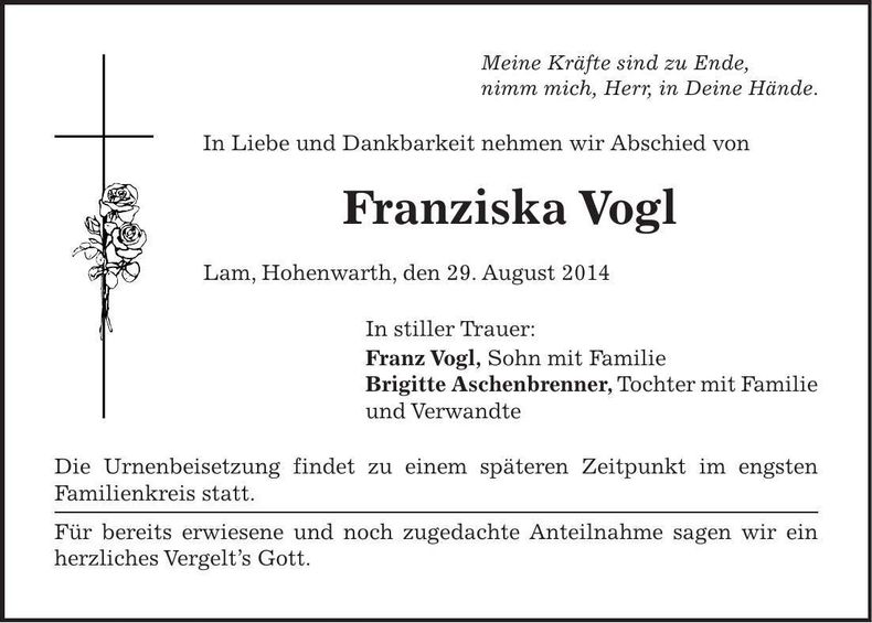Traueranzeige Franziska Vogl