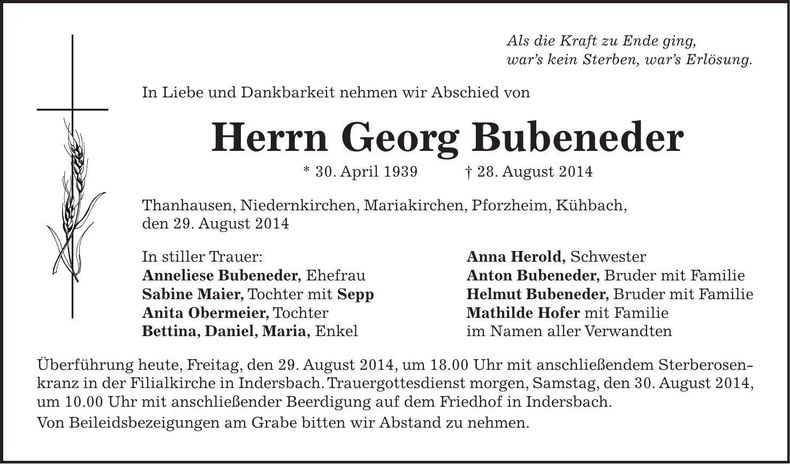 Traueranzeige Georg Bubeneder