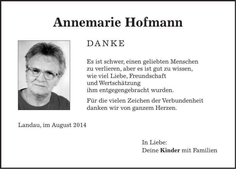 Traueranzeige Annemarie Hofmann