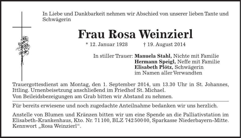 Traueranzeige Rosa Weinzierl