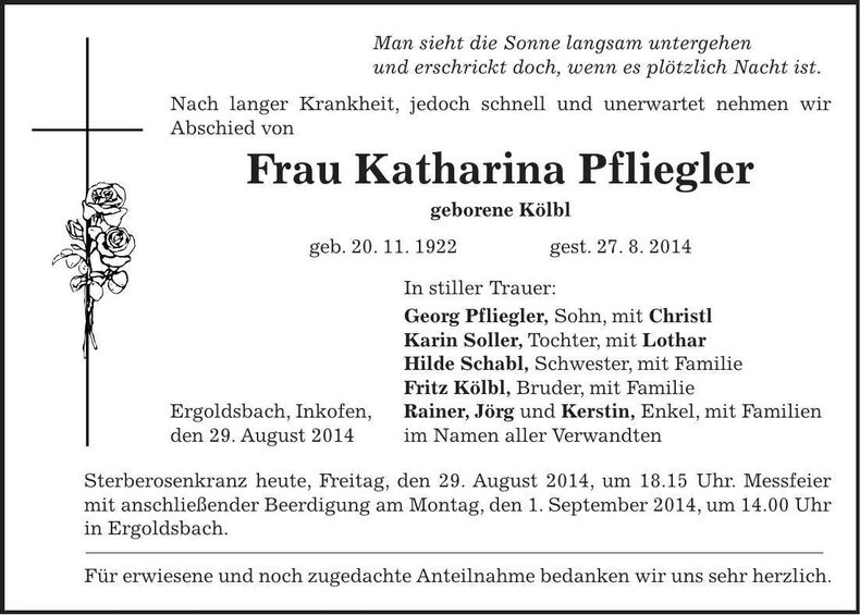 Traueranzeige Katharina Pfliegler