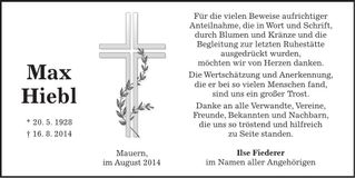 Traueranzeige Max Hiebl