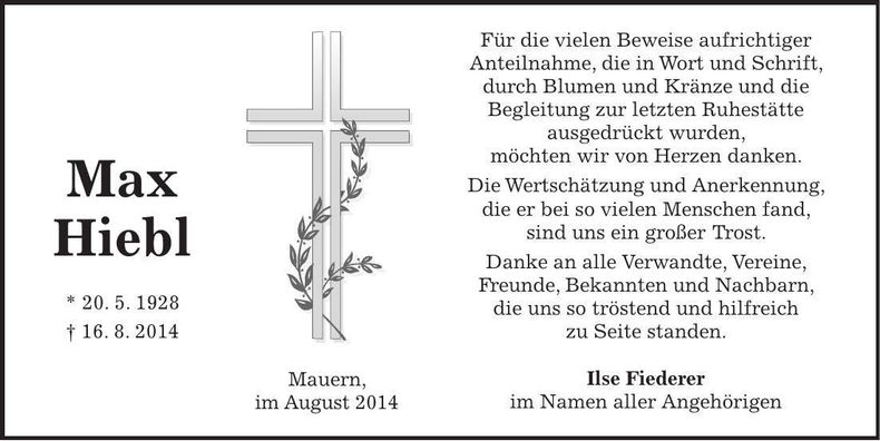 Traueranzeige Max Hiebl