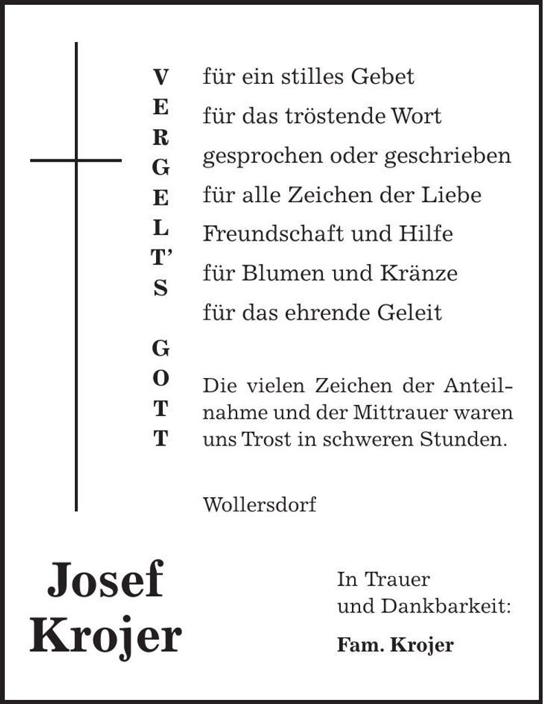 Traueranzeige Josef Krojer