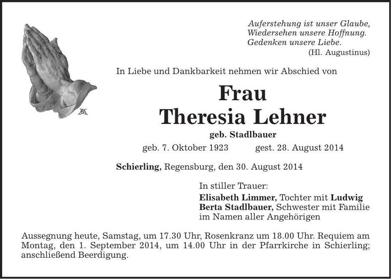 Traueranzeige Theresia Lehner